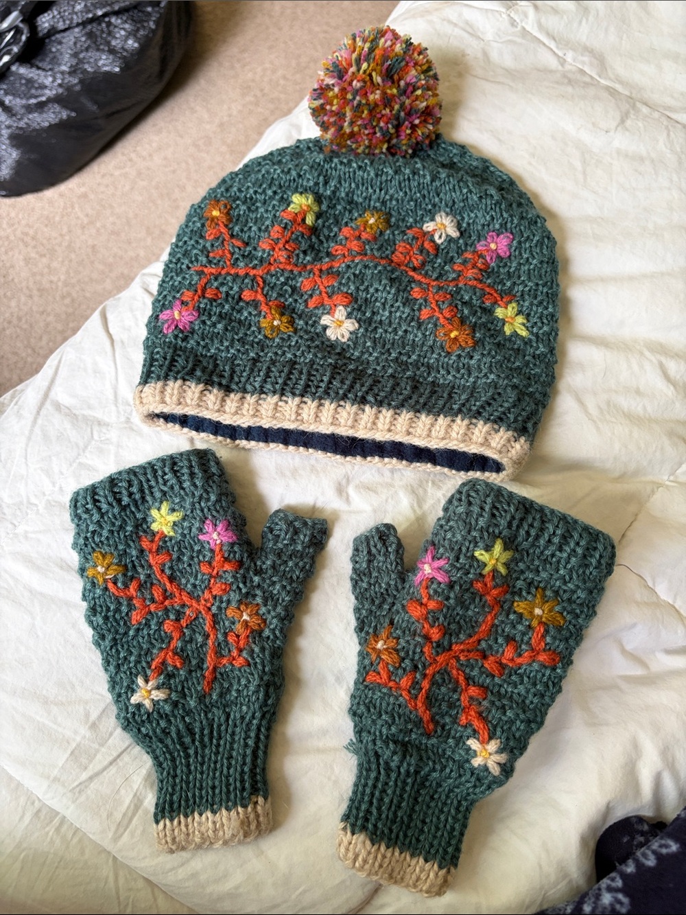 Teal Knit Pom Beanie and Fingerless Gloves Set with Floral Embroidery